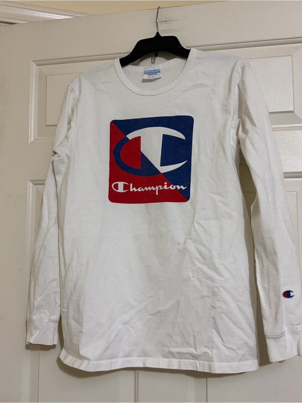 Vintage Champion Men’s White Long Sleeve Tee T-Shirt Size Medium M